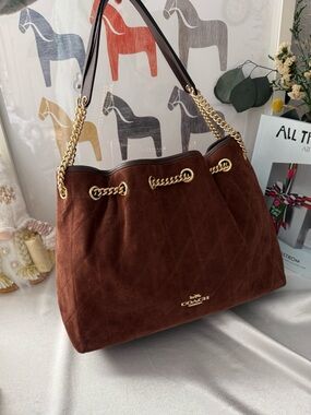 COACH CCZ80 Evelyn Shoulder Bag with Quilting Suede Gold/Vintage Brown/ Mapl WNT